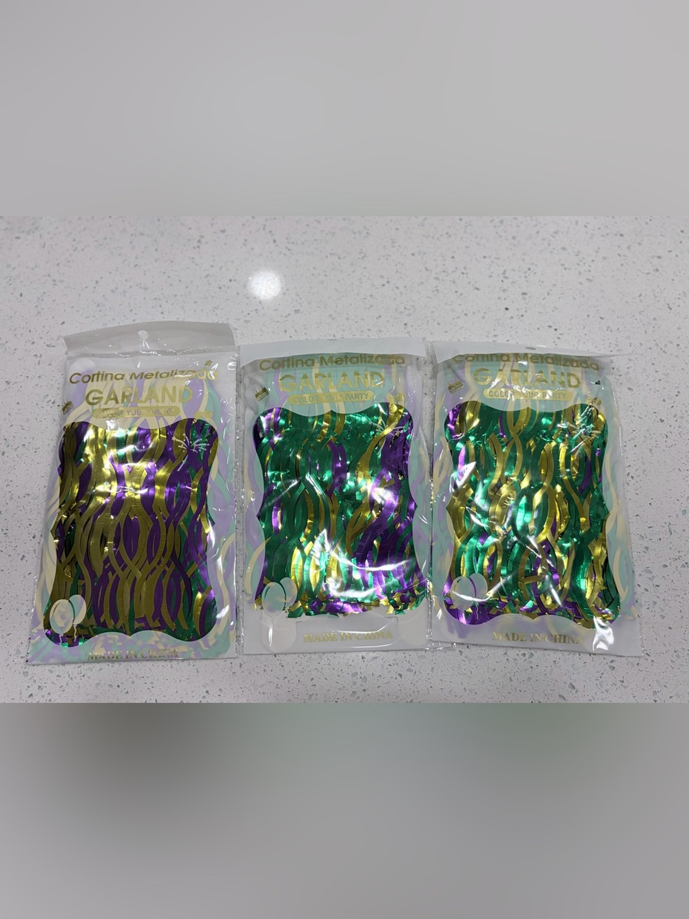 3 Piece Metallic Mardi Gras Garland Foil Party Banners - Green, Purple & Gold